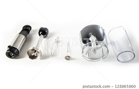 Modern set for immersion blender with whisk, milk frother and bowl on white background. Modern household appliances, close-up 128865860