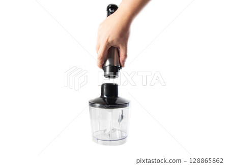 Modern immersion blender with a bowl in hand on a white background, isolate, close-up Modern immersion blender with a bowl in hand on a white background, isolate, close-up 128865862