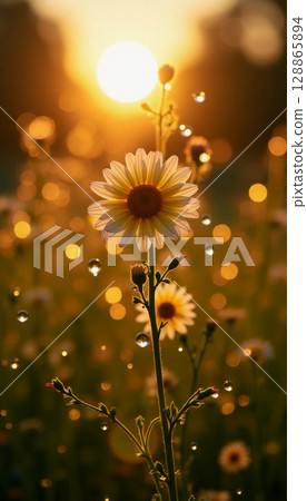 In the warmth of the sunset, colorful daisies stand tall, adorned with glistening droplets Generative AI 128865894