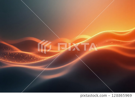 Gentle waves ripple gracefully under the warm glow of the setting sun, evoking a sense of calm and serenity. The scene captures an ethereal blend of orange and deep blue hues Generative AI 128865969