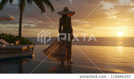 woman in dress on maldivian sunset 128866202