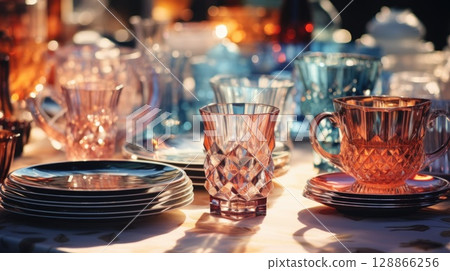 transparent glass retro dish colorful tableware, ai 128866256