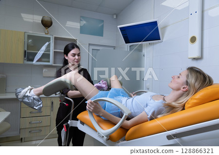 A Medical Professional Assisting a Patient in a Gynecological Examination Room with Modern Equipment and Comfortable Setting for Enhanced Patient Care and Experience 128866321
