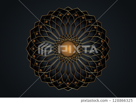 Gold Luxury Sacred Mandala template. Flower round design element isolated on black background. Circle pattern in golden color. Vector illustration for logo, monogram, web design, decoration, business 128866325