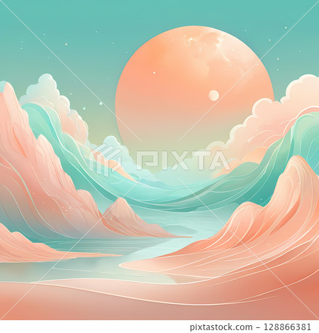 Gentle curves of pastel hills embrace a tranquil river, reflecting the soft hues of the sky at sunset. A large moon glows warmly, casting a magical ambiance over the landscape Generative AI 128866381