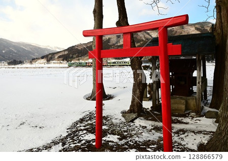 Tono in winter, Kamaishi Line and a small shrine Tono in winter, Kamaishi Line and a small shrine 128866579
