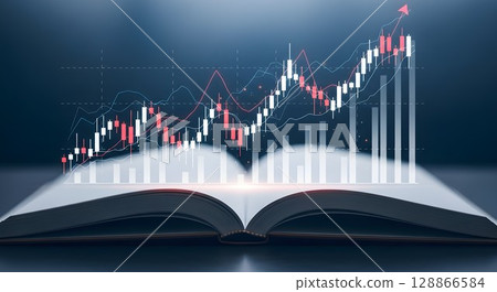 Stock market graph with increasing trend lines and candlestick chart emerging from an open book. Concept of learning finance and investment. 128866584