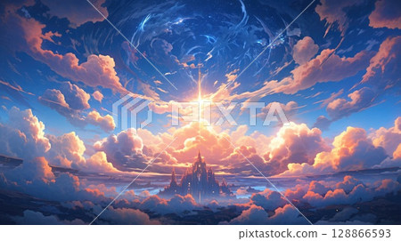 anime concept sky sunset landscape background eclipse, ai 128866593