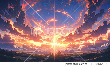 anime concept sky sunset landscape background eclipse, ai 128866595