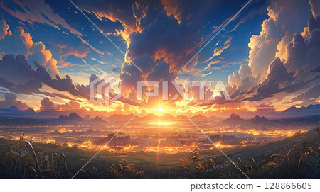 anime concept sky sunset landscape background eclipse, ai 128866605