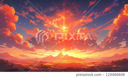 anime concept sky sunset landscape background eclipse, ai 128866606