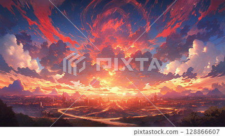 anime concept sky sunset landscape background eclipse, ai 128866607