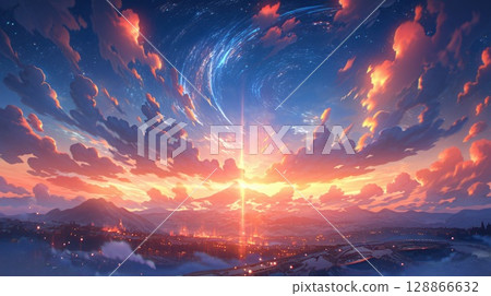 anime concept sky sunset landscape background eclipse, ai 128866632