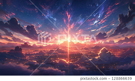 anime concept sky sunset landscape background eclipse, ai 128866639