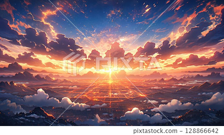 anime concept sky sunset landscape background eclipse, ai 128866642