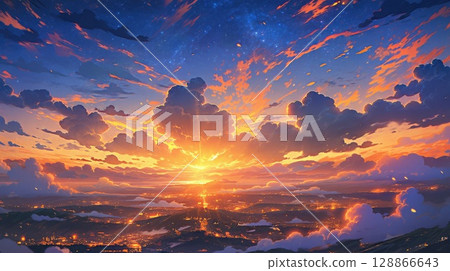 anime concept sky sunset landscape background eclipse, ai 128866643