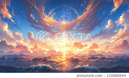 anime concept sky sunset landscape background eclipse, ai 128866644