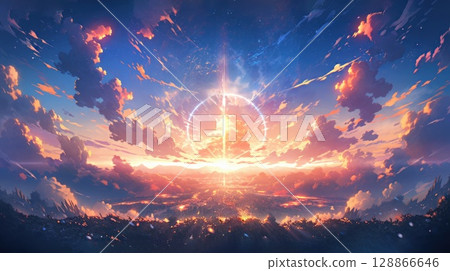 anime concept sky sunset landscape background eclipse, ai 128866646