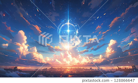 anime concept sky sunset landscape background eclipse, ai 128866647