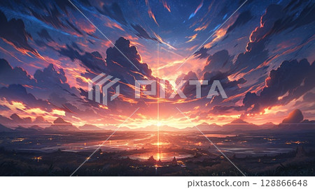 anime concept sky sunset landscape background eclipse, ai 128866648