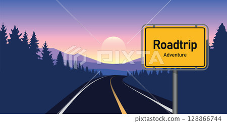 road trip adventure in the forest in mountain landscape vector illustration 128866744