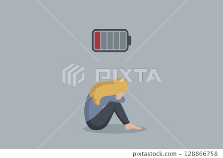 depressed girl with empty battery burnout concept vector illustration 128866758