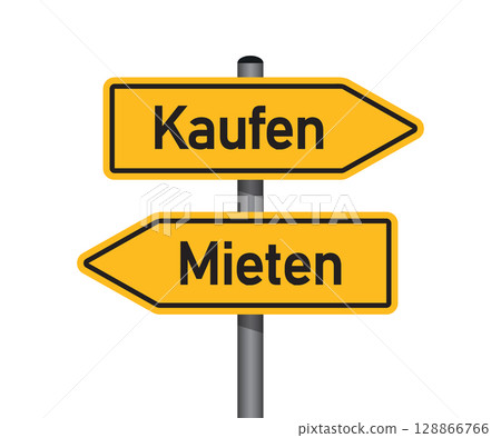 yellow traffic sign with german words buy rent isolated vector illustration 128866766