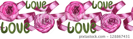 Watercolor illustration of flowers. Pink peonies. Seamless border, can be used for background, wallpaper, posters, cards, invitations, packaging, textiles. Watercolor illustration of flowers. Pink peonies. Seamless border, can be used for background, wallpaper, posters, cards, invitations, packaging, textiles. 128867431
