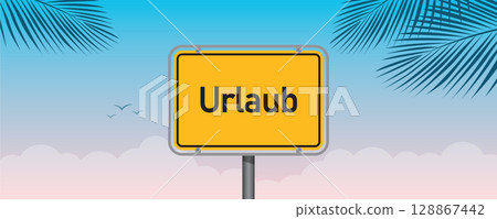 german text vacation on yellow sign on blue sky background with palm leaves vector illustration 128867442