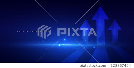 Futuristic up arrow glowing on dark blue background. Communication concept innovation. Futuristic up arrow glowing on dark blue background. Communication concept innovation. 128867494