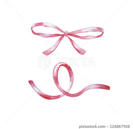 Watercolor pink ribbon and hand-drawn bow. The illustration is isolated on a white background. Festive decor. Clipart. Watercolor pink ribbon and hand-drawn bow. The illustration is isolated on a white background. Festive decor. Clipart. 128867508