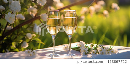 champagne picnic date in the park with flowers, ai champagne picnic date in the park with flowers, ai 128867722