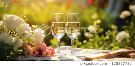 champagne picnic date in the park with flowers, ai 128867723