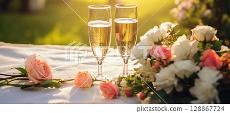 champagne picnic date in the park with flowers, ai champagne picnic date in the park with flowers, ai 128867724