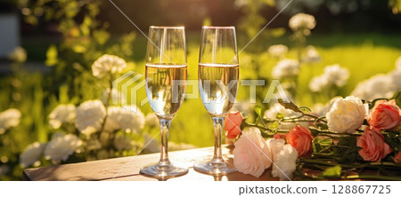 champagne picnic date in the park with flowers, ai champagne picnic date in the park with flowers, ai 128867725