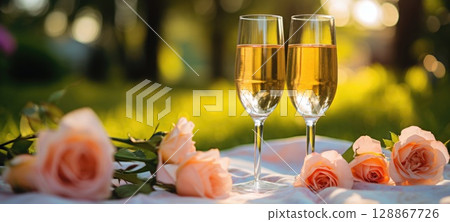 champagne picnic date in the park with flowers, ai 128867726