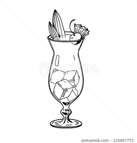 Hand Drawn Tropical Cocktail in Hurricane Glass with Ice Cherry and Garnish Black and White Line Art Illustration for Summer Drink Menu Bar Decor and Exotic Beverage Design 128867755