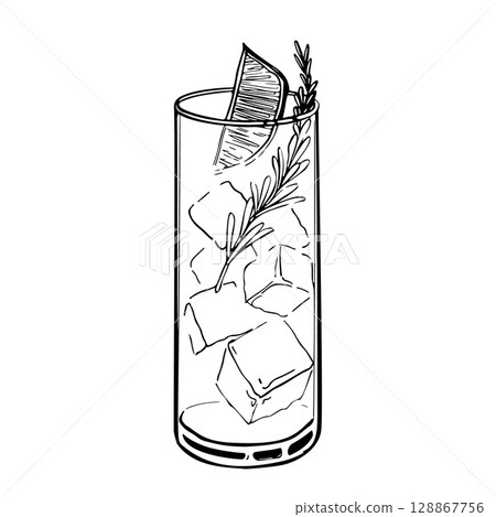 Hand drawn highball glass with ice cubes lemon wedge and rosemary sprig refreshing summer cocktail sketch black and white vector illustration isolated on white background 128867756