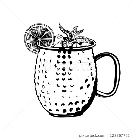 Hand drawn Moscow mule cocktail in copper mug with ice lemon slice and mint leaves sketch black and white vector illustration with textured surface and detailed garnish elements 128867761
