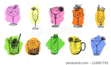 Colorful hand drawn cocktail collection of various drinks in unique glasses with citrus garnishes herbs ice cubes and decorative backgrounds sketch style vector illustration for bar and summer themes Colorful hand drawn cocktail collection of various drinks in unique glasses with citrus garnishes herbs ice cubes and decorative backgrounds sketch style vector illustration for bar and summer themes 128867781