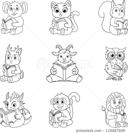 Cute animals reading books line art Cute animals reading books line art 128867899