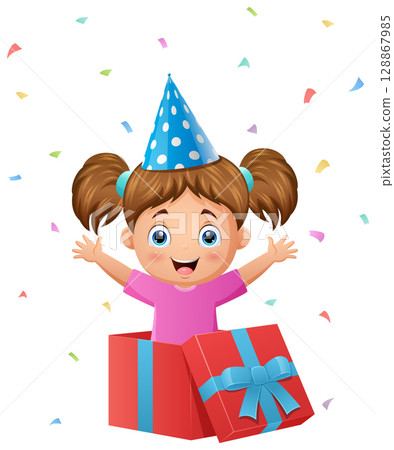 Cute little girl with gift box and falling confetti Cute little girl with gift box and falling confetti 128867985