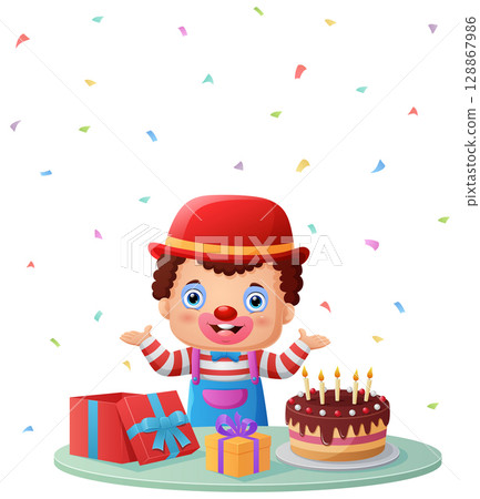 Funny clown with birthday cake and gifts Funny clown with birthday cake and gifts 128867986