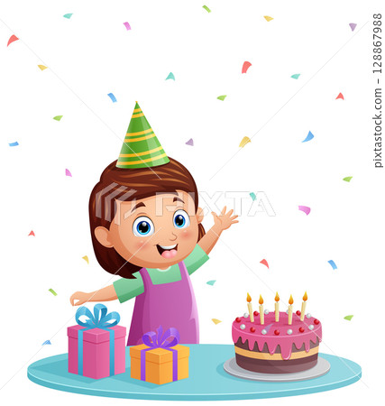 Cute little girl celebrating birthday with cake and gifts Cute little girl celebrating birthday with cake and gifts 128867988