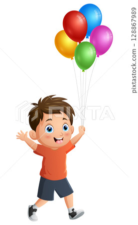 Cute little boy holding a bunch of colorful balloons Cute little boy holding a bunch of colorful balloons 128867989