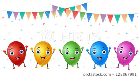 Illustration of a group of balloons with flags and falling confetti Illustration of a group of balloons with flags and falling confetti 128867991