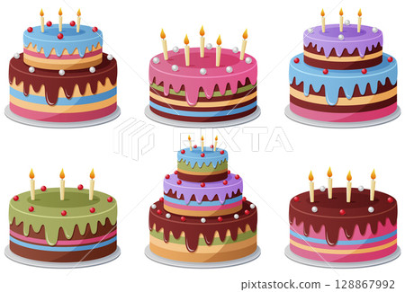 Set of birthday cakes with candles on a white background 128867992