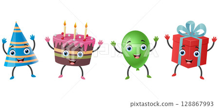 Happy birthday cartoon character with cake, gift box, hat, and balloon Happy birthday cartoon character with cake, gift box, hat, and balloon 128867993