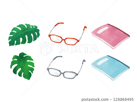 水彩風格向量書、眼鏡和筆記本集 128868495