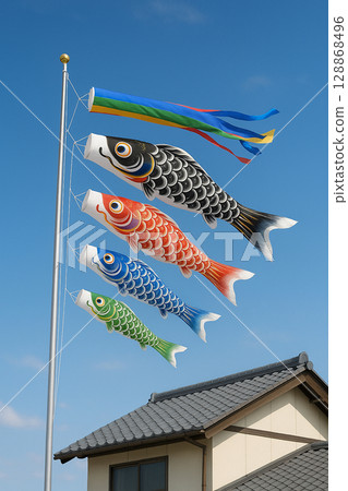Carp streamers swimming on the roof 128868496